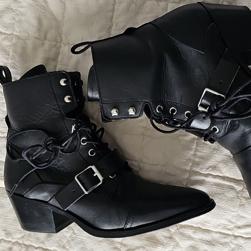 AllSaints Katy lace up heeled leather boots with buckle in black - Picture 5 of 12